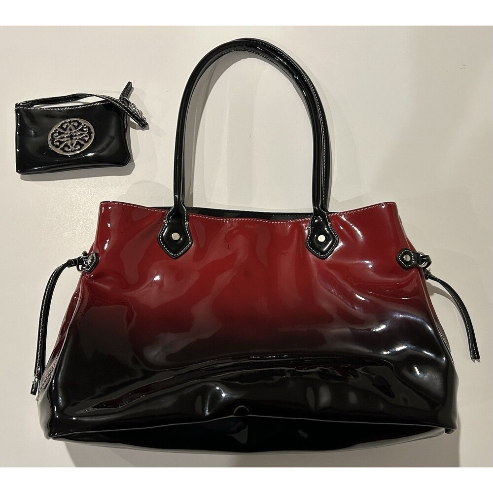 SOLINA Black Red Leather Satchel Tote Bag Handbag + Change Purse EUC